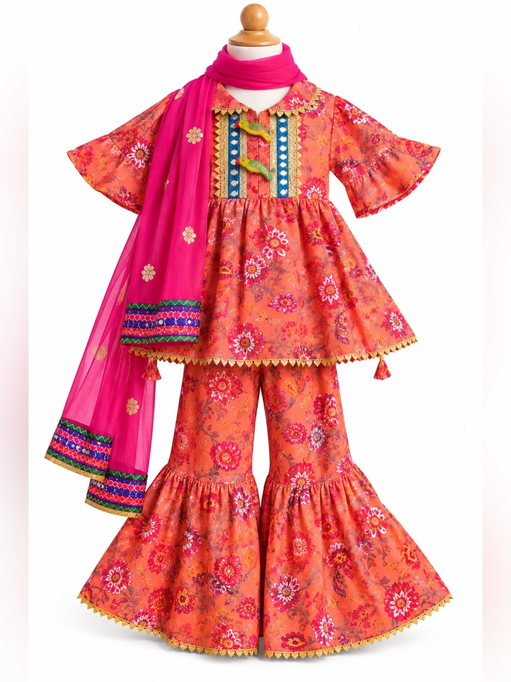 Toddler Girls Indian Sharara Set Floral Parrot Dupatta Wedding Festive 3 Pc